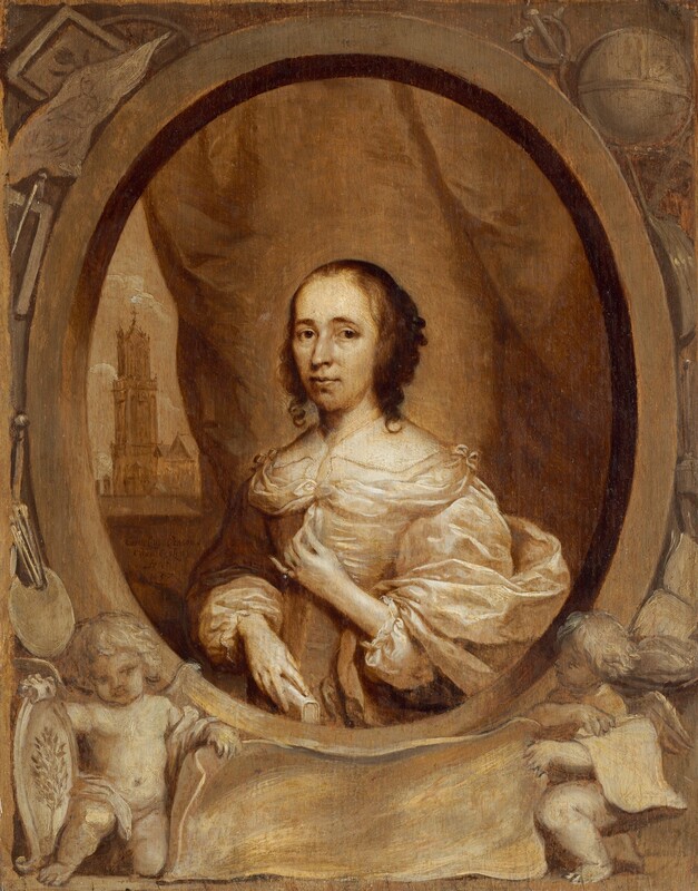 Shown from the waist up, a woman looks at us steadily from behind an oval opening in this vertical portrait, which is painted entirely in tones of sepia and golden brown. The woman’s shoulders and face are angled to our left, but she looks at us with large, dark eyes. She has a narrow face with a slightly bumped nose, high cheekbones, a dimple under her lower lip, and her mouth is closed. Her dark hair is pulled back, and curls fall to her shoulders. The bodice of her dress and the voluminous sleeves glint with highlights, suggesting satin or silk. A sheer cloth covering her chest may be lined with pearls, and bows are tied at her shoulders and over her breastbone. She holds one long-fingered hand up to touch the ribbon at her chest, and she wears a ring on that pinky. She holds a closed book by the spine with her other hand down by her waist. A curtain fills most of the background within the oval opening but is pulled aside to show a church tower to the left. The oval opening appears to be ornamented on our side with carved, chubby babies in the lower corners holding a blank banner, paint palette, brushes, maulstick, and books. At the upper corners are a drawing, drafting tools, globe, lute, and caduceus. The artist signed and dated the painting near the woman’s right elbow, to our left: “Cornelius Ionson Van Ceulen fecit 1657.”