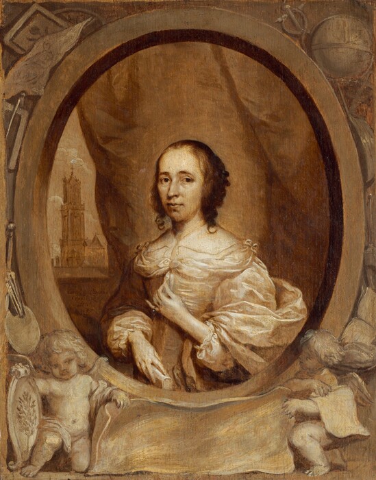 Shown from the waist up, a woman looks at us steadily from behind an oval opening in this vertical portrait, which is painted entirely in tones of sepia and golden brown. The woman’s shoulders and face are angled to our left, but she looks at us with large, dark eyes. She has a narrow face with a slightly bumped nose, high cheekbones, a dimple under her lower lip, and her mouth is closed. Her dark hair is pulled back, and curls fall to her shoulders. The bodice of her dress and the voluminous sleeves glint with highlights, suggesting satin or silk. A sheer cloth covering her chest may be lined with pearls, and bows are tied at her shoulders and over her breastbone. She holds one long-fingered hand up to touch the ribbon at her chest, and she wears a ring on that pinky. She holds a closed book by the spine with her other hand down by her waist. A curtain fills most of the background within the oval opening but is pulled aside to show a church tower to the left. The oval opening appears to be ornamented on our side with carved, chubby babies in the lower corners holding a blank banner, paint palette, brushes, maulstick, and books. At the upper corners are a drawing, drafting tools, globe, lute, and caduceus. The artist signed and dated the painting near the woman’s right elbow, to our left: “Cornelius Ionson Van Ceulen fecit 1657.”