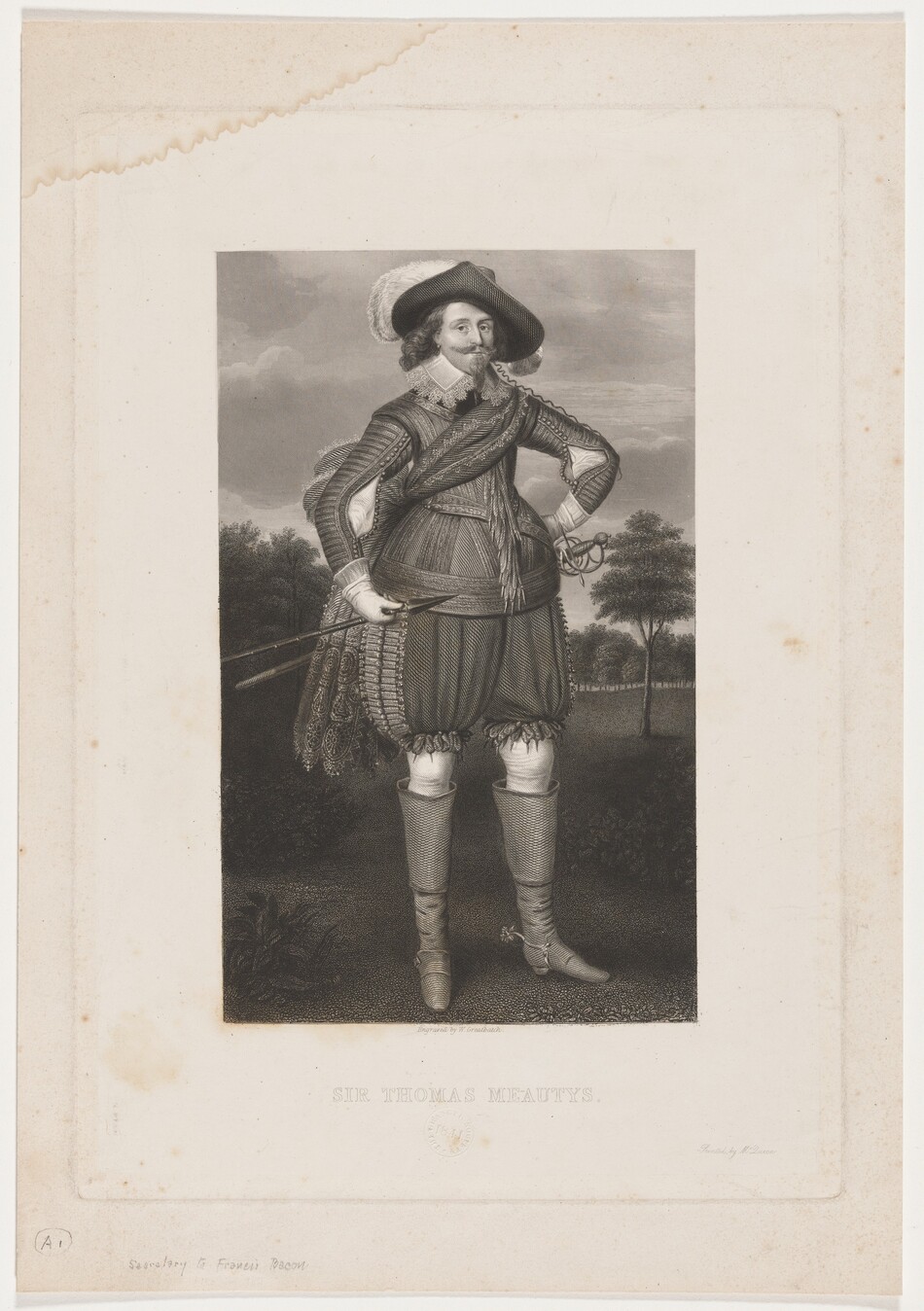 The image shows a man standing in an outdoor setting. He is posed with one hand on his hip and the other hand on the handle of a sword at his side. The man has a neatly trimmed beard and mustache, curly styled hair, and wears a large, feathered hat. He is dressed in elaborate historical clothing, including a detailed tunic with patterns, puffed shorts, high boots, and a sash draped across his chest. The background features a pastoral landscape with trees and clouds in the sky.