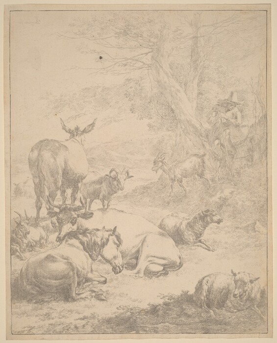 The image is portrayed from an elevated point of view, showing a pastoral scene. The horizon line is high, with the sky in the upper left. Trees and a shepherd with a wide-brimmed hat are on the right, close to the horizon. Delicate pencil lines define various elements like animal fur and tree bark. The overall color palette is soft grays and white. Animals, including horses, cows, goats, and sheep, are in a meadow. The terrain rises in the distance, creating depth.