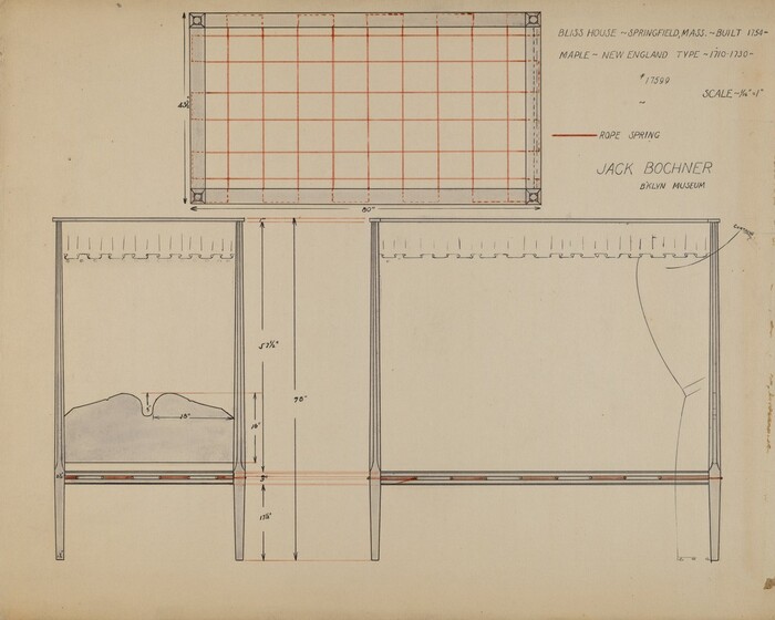 This is a drawing of a furniture design. The image presents a schematic of a built-in furniture piece with two beds and a partition wall, including measurements and a scale. The drawing provides a bird's eye view of the layout, front, and side elevations of the furniture. Notes on the drawing indicate it is for the "Glass House" in Springfield Mass., includes details such as wood type (maple) and time period (1690-1720). The drawing is signed by Jack Bochner and is titled as a built piece in 1936.