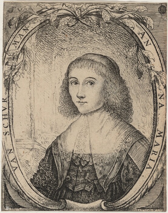 The image shows an engraving of a woman from the waist up. She is facing forward with long curly hair falling past her shoulders. The woman's facial features include a distinct nose, almond-shaped eyes, and slightly arched eyebrows. She is dressed in a dark, intricately patterned garment with a ruffled collar and an embroidered detail on the chest. She wears a light-colored shawl or cape around her shoulders. The frame of the image includes floral and leaf designs, with the inscription "AN. MARIA VAN SCHURMAN" visible.