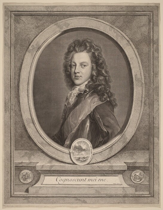 The image depicts a person in a bust-length portrait inside an oval frame. The person is positioned in a three-quarters view turned slightly to their right. They have prominent facial features, long curly hair, and are wearing 17th or 18th-century clothing with a high lace collar and a draped sash. The frame is elaborate with two circular medallions on each side. The background is plain textured, with an additional small oval frame at the bottom center showing the sea with rays of light. The image is monochromatic, resembling an engraved print.