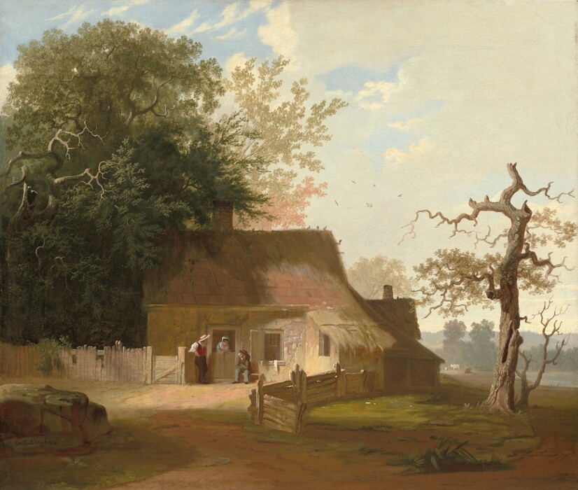 Three people gather around the doorway of a small cottage set in a sun-warmed yard in this almost square painting. At the center of the composition, the tan cottage has a faded, peach-tinged thatched roof and a window with an open shutter to the right of the door. The top half of the Dutch door is swung open, and a woman wearing a white cap and blue, low-cut garment leans her forearms along the bottom half from inside the structure. Two men flank the door. One stands to our left, looking at the woman in profile. He wears a straw-colored hat, white shirt, ruby-red vest, and dark pants. To our right, a seated man wears a brown hat, a sage-green coat, and slate-blue pants. A rickety fence to our left separates us from a grove of trees, the massive green canopies almost filling the top left quadrant of the painting. Another picket fence comes toward us from the right side of the cottage. It opens onto the dirt patch that nearly spans the lower edge of the canvas. To our right, the kinked branches of a mostly dead tree with only a few sparse leaves looms above the horizon, which comes about a quarter of the way up the composition. Beyond it, a flat, grassy field stretches back to the edge of a body of water where two cows and possibly other animals stand and lie in the distance. Bands of trees become hazier in the distance. A few birds perch atop the cottage roof and more wheel above, painted as tiny strokes against milky-white clouds that give way to a pale blue sky. The artist signed the lower left corner, “G. C. Bingham.”
