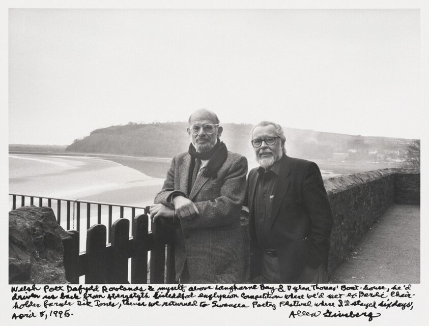 Welsh Poet Dafydd Rowlands & myself above Laugharne Bay & Dylan Thomas' Boat-house, he'd driven us back from Aberystwyth Eisteddfod englynion competition where we'd met ex-Bardic Chair-holder former Dic Jones, thence we returned to Swansea Poetry Festival where I'd stayed six days, April 5, 1995.