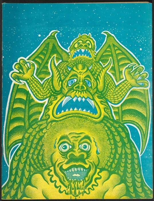Three monstrous faces with gaping jaws lined with sharp teeth are stacked in this vertical lithograph. The creatures are canary yellow shaded heavily with pale and grass green. The bottom face, which is the largest and closest to us, has beads of sweat running down each side of the furrowed forehead. This creature’s lips are pulled up into a cavernous smile, and liquid drips from the lower lip. A ruffle around the neck could be a collar, and the creature is flanked to each side by scale-patterned forms that could be the body of the creature behind. This middle creature’s pale blue eyes slope down, and the bottom corners of the open mouth pull down, too. This creature has horns and gill-like forms around the mouth. The third creature, at the top and farthest away, leans back with taloned hands reaching to each side. The drooping eyes appear to look up, and wings spread from the creature’s back. The background is sky blue dotted with white.