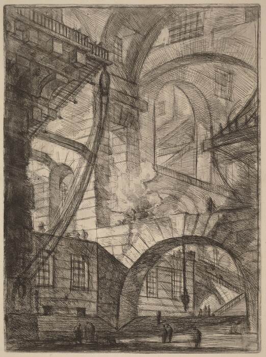 This is a drawing of an architectural fantasy scene. The drawing includes enormous stone structures, bridges, and staircases within an imaginary architectural space. The arches and vaulted ceilings, light and shadows through cross-hatching techniques, stone walkways and ramps, architectural details such as railings, columns, and openings, and a monochromatic palette with contrasts of light and dark are all featured.