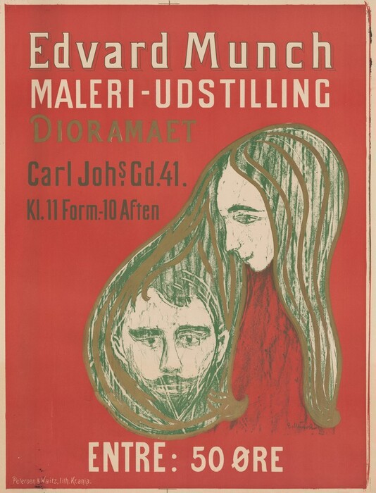 The poster displays the upper body of a man and woman, depicted in a stylized and abstract manner. The woman's position is shown in profile with long, flowing hair that wraps around the man's head. Her facial features include elongated eyes and a serene expression, and she has long, straight hair that blends into the background. The man's face is positioned below the woman's, with distinct eyes, eyebrows, and mustache. Both figures are colored in hues of green and brown that contrast against the red background. The surrounding text gives details about an art exhibition, including the name "Edvard Munch," location, and entrance fee. The artist's signature appears in black cursive font near the bottom right corner of the image. The background is predominantly red with scattered sketches and text.