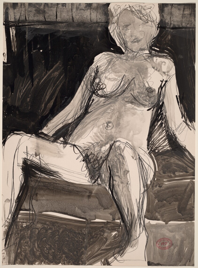Untitled [female nude resting in a dark seat]