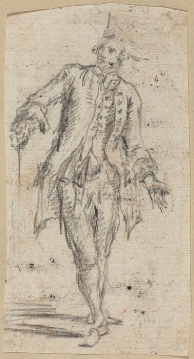 The image shows a sketch of a person in a dynamic stance with one foot slightly raised. They are positioned sideways, with one arm extended forward holding a cane and the other arm out to the side. The individual has a simplistic facial expression, pointy hair, and is dressed in a flowing coat, vest, and form-fitting pants. The background is plain with a textured paper.