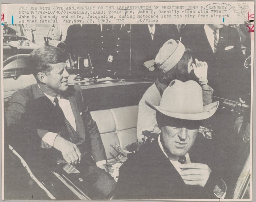 Title from caption on object: "Texas Governor John B. Connally Rides with President John F. Kennedy and Wife, Jacqueline..."