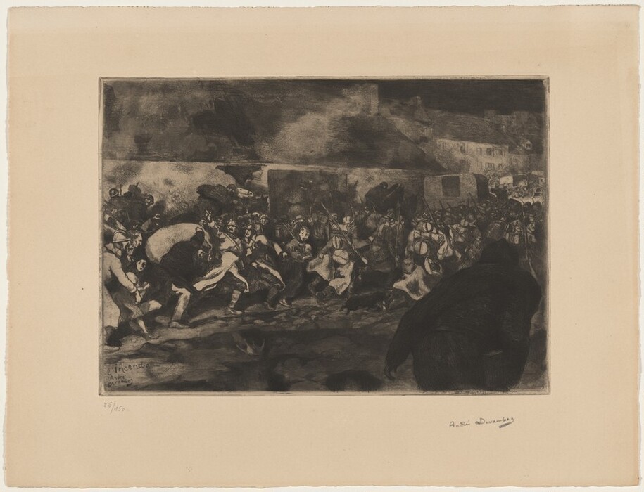 This is a drawing of a chaotic scene with figures in movement. The composition is dense with energy, showing a large group of figures apparently reacting to some form of disturbance or threat on a darkened street. The central focus is on dynamic motion and turmoil, emphasized by the use of dark shading and the crowded arrangement of elements within the scene. Buildings in the background provide a sense of place amidst the commotion, while the foreground is punctuated by an observer or participant turned away from the viewer. The darkness in the sky suggests an evening atmosphere.