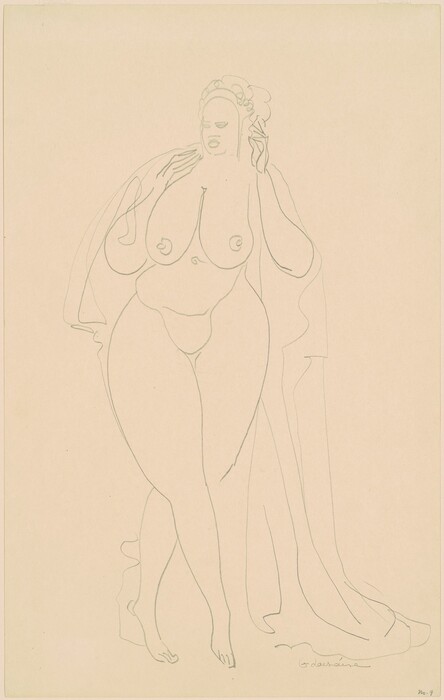 The image depicts a full-body line drawing of a standing person. The person is shown standing upright with a hand raised near their head. The person's facial features are minimalistic and their hair has a flower-like adornment. They are nude, with flowing lines suggesting draped cloth around their back and one shoulder. The background is plain.