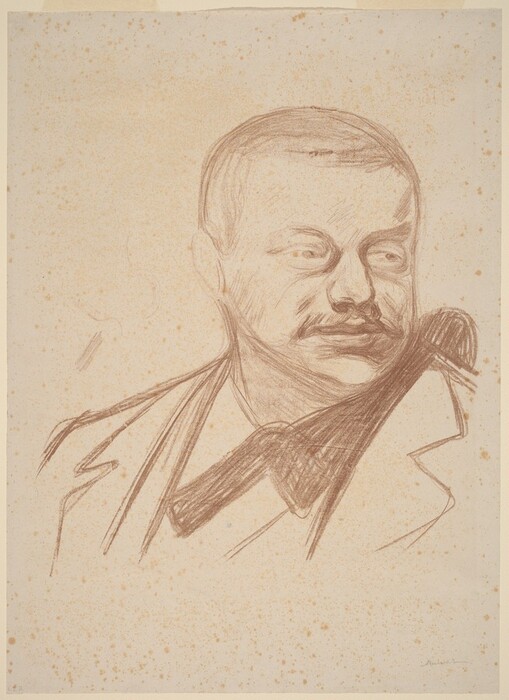 This is a drawn portrait of a person, shown from the head to the upper torso. The person is in a semi-profile view, facing slightly to the right. They have a full mustache, well-defined cheekbones, and a pronounced jawline. The person's hair is short and styled neatly. They are wearing a suit jacket with a scarf or cravat. The background is plain with brown speckling. The drawing uses shading to highlight the facial features and clothing.