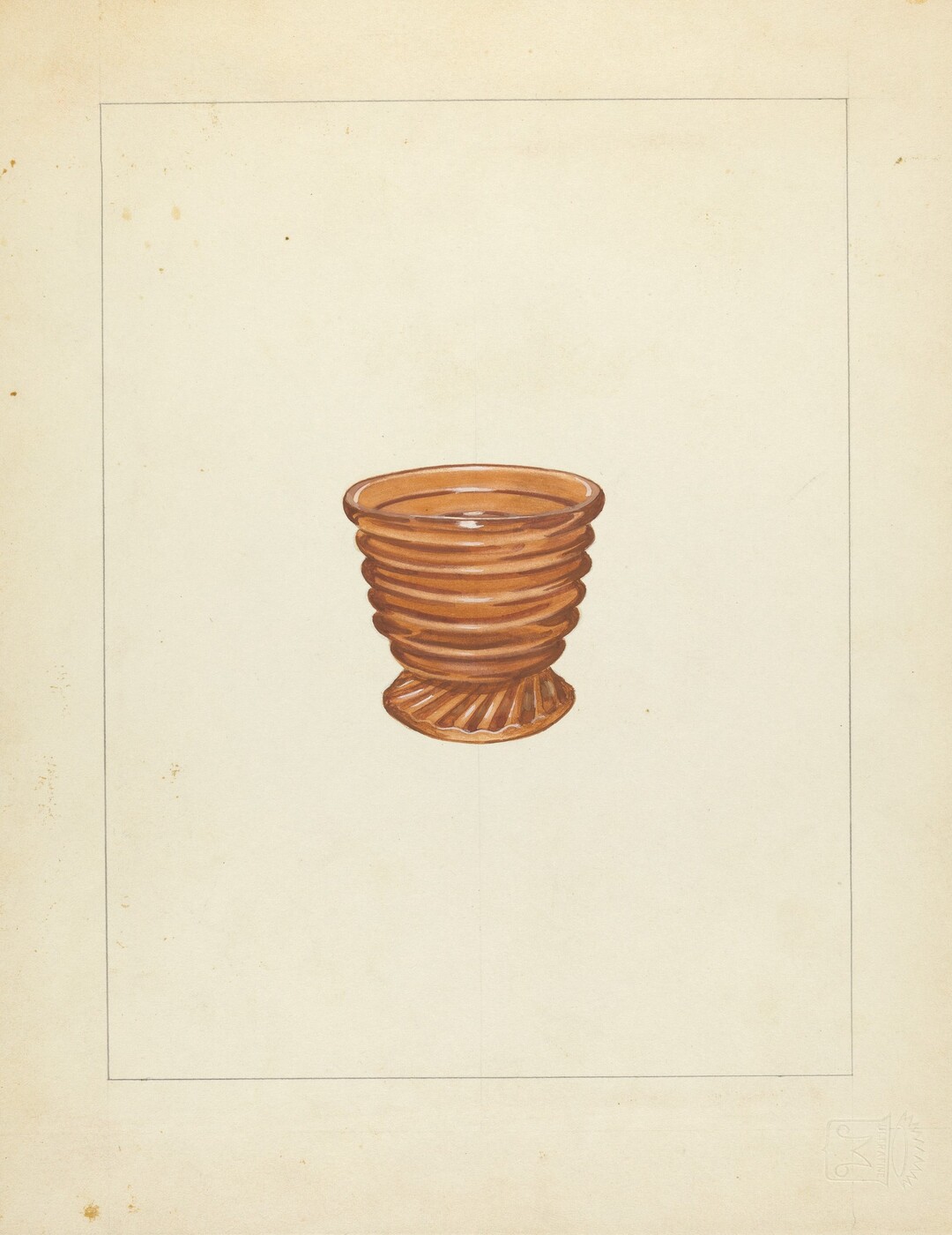 The image shows a small, vertically ribbed, brown cup with a spiraled base. The color palette consists mainly of shades of brown with subtle highlights accentuating the texture and shape of the cup. The cup is centrally positioned on an off-white background.