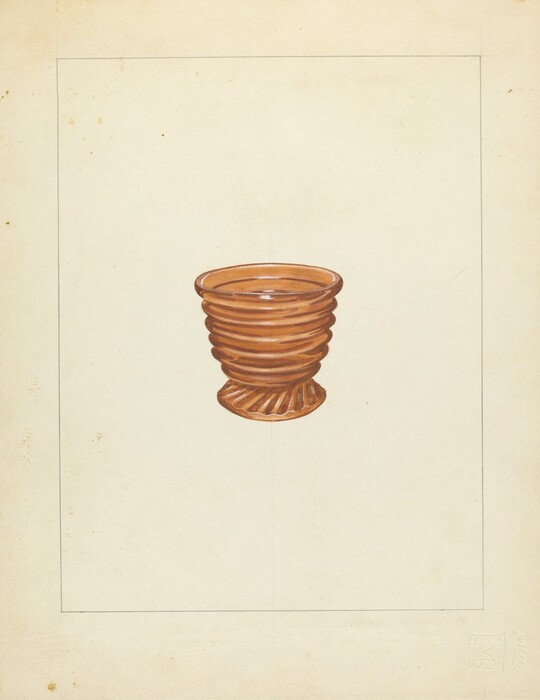 The image shows a small, vertically ribbed, brown cup with a spiraled base. The color palette consists mainly of shades of brown with subtle highlights accentuating the texture and shape of the cup. The cup is centrally positioned on an off-white background.