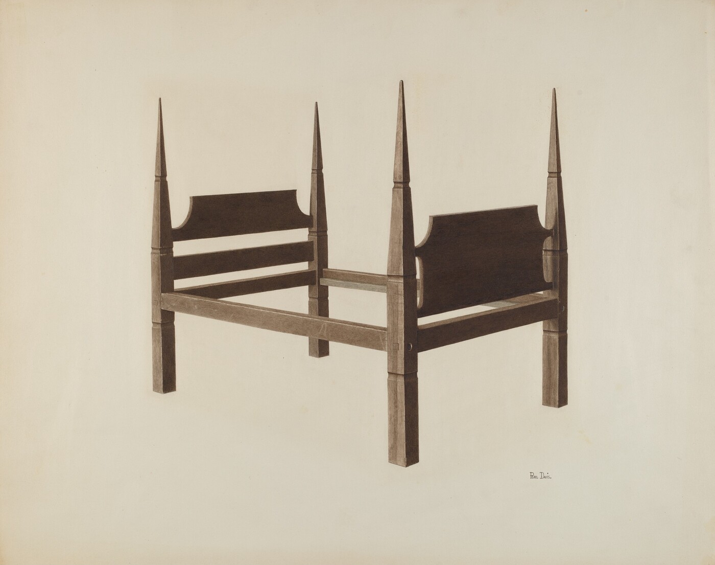 The image shows a wooden bed frame with pointed posts at each corner. It includes a headboard and footboard with horizontal slats. The bed frame is positioned centrally in the image, viewed from a slightly elevated angle against a light background.