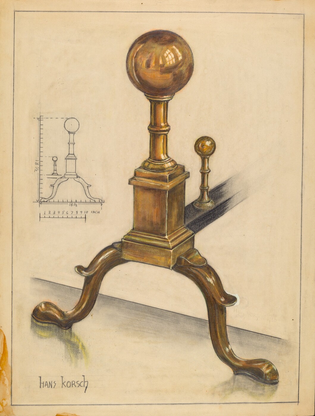 The image shows a brass or bronze andiron with a spherical top and ornate, curved legs. The object is positioned in the center, with warm browns and metallic golds in the color palette. In the background, there is a technical drawing of the andiron on the left side, showing measurements and details. The andiron rests on a flat surface, angled slightly to the right, and the artist's name, Hans Korsch, is inscribed near the bottom left of the image.