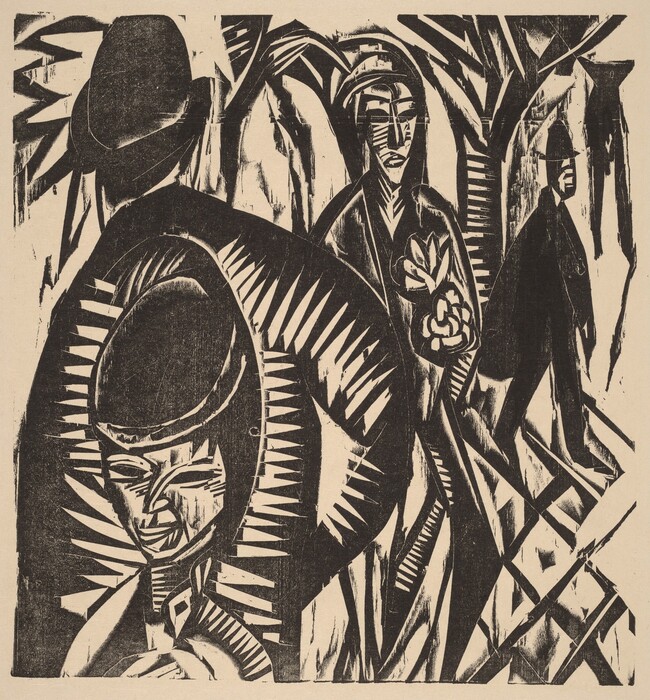 The image displays a series of bold, angular lines and jagged shapes forming an intricate composition. There are curved and straight lines creating an abstract artwork. The shapes resemble a group of people with discernible faces and hats, some holding objects reminiscent of flowers. The figures are set against a backdrop suggesting tree-like forms, with lines crossing and converging, evoking branches and pathways.