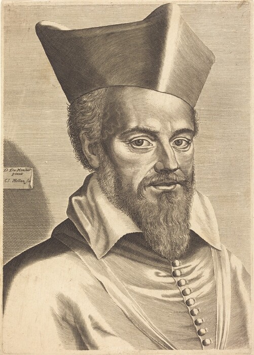 The image depicts a man's upper body with distinct facial features, deep-set eyes, a prominent brow, and a long beard. He is wearing a large angular hat and a robe-like garment with a high collar and visible buttons. The background is plain with subtle diagonal lines.