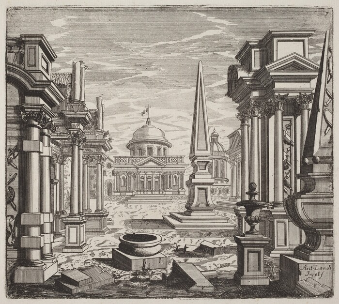 This is an image of classical architectural ruins. The scene shows a grand, symmetrical composition with classical architectural elements like columns, entablatures, and pediments. At the center background, there is a domed building. In the foreground, there are overturned and scattered stone blocks, suggesting ruins that lead towards the central structure. Two obelisks stand in the middle ground, surrounded by classical motifs such as urns and stone carvings. The sky has horizontal strokes indicating clouds. The image conveys grandeur and historical majesty, typical of classical architecture, with a play of light and shadows enhancing detail and depth.