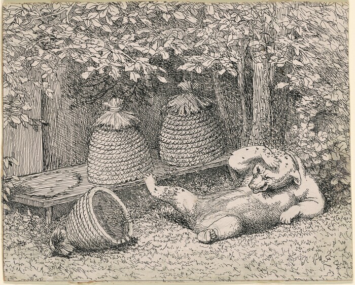 This is an illustration of a bear reclining next to several beehives. A bear is lying on its back with one paw touching its head, appearing relaxed. Some beehives are placed on a bench, with one hive overturned. The background includes thick foliage and a wooden fence, creating a tranquil setting. The drawing features fine lines to depict various textures such as fur, wood, and leaves, capturing a peaceful moment in a natural setting.