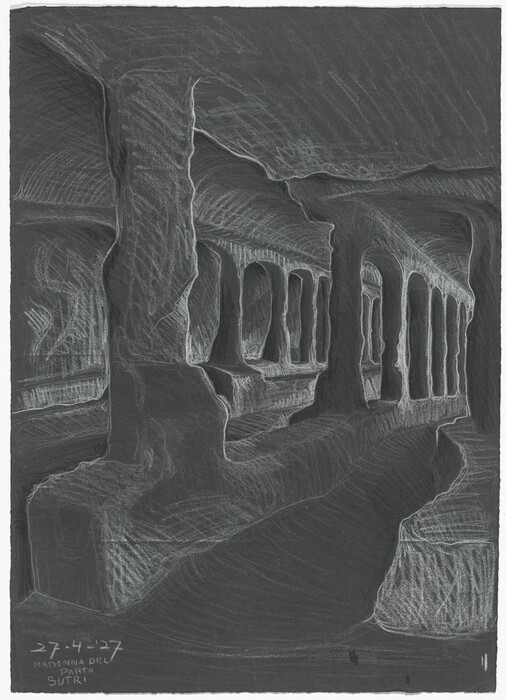 The image shows a dimly lit, cavernous space with a series of archways lining an underground tunnel or passage. The perspective leads the viewer's gaze into the depth of the composition, with a path that continues into the distance. The horizon is implied by the vanishing point created by the alignment of the arches. The artwork uses a sketch-like style with charcoal or white pencil on a dark surface, featuring loose and textured strokes depicting the rough, rocky texture of the cave walls. The color palette is minimalistic, mainly dark with light graphite or white charcoal lines defining the forms and structure. The interplay of light and shadow creates a moody and mysterious atmosphere.