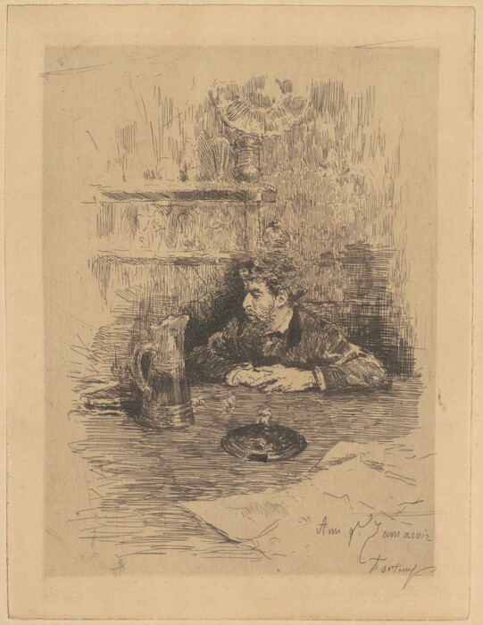 The image shows a man seated at a table with his arms resting on it, facing to the right. He has a curly beard and mustache, thick wavy hair, wears a dark jacket over a light-colored shirt. On the table are a pitcher and a shallow dish with a small round object. In the background, there is a shelf with decorative items, including a large urn or vase and various smaller objects. The style is an etching with intricate linework, creating texture and depth. The scene appears to be indoors with a softly detailed background.