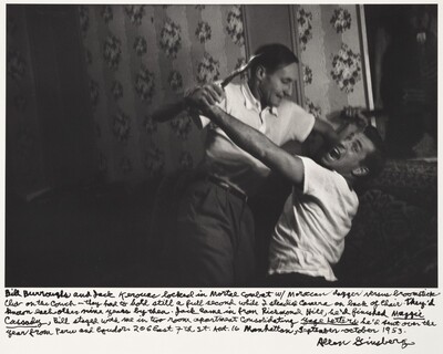 Bill Burroughs and Jack Kerouac locked in Mortal Combat with Moroccan dagger versus broomstick clear on the couch—they had its hold still a full second which I steadied camera on back of chair. They’d known each other nine years by then. Jack came in from Richmond Hill he’d finished Maggie Cassady, Bill stayed with me in two room apartment consolidating Yage Letters, he’d sent over the year from Peru and Ecuador. 206 East 7th st. Apt 16 Manhattan, September-October 1953., Allen Ginsberg, 1953, printed later
