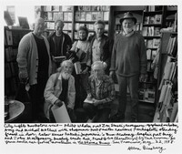 City Lights Bookstore visit—Philip Whalen poet Zen Sensei, anonymous eyeglassed onlooker, Amy and Michael McClure with shopowner poet-painter Laurence Ferlinghetti standing framed in door; below Nanao Sakaki Japonesia’s Bum-Academy longhair poet king, and John Montgomery kneeling beside him, Proud to be Characterized by Jack Kerouac 30 years earlier as a foolish mountaineer in _The Dharma Bums_. San Francisco, May 22, 1988., Allen Ginsberg, 1988