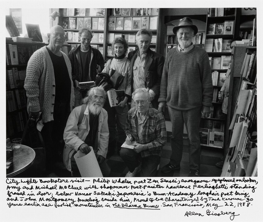 City Lights Bookstore visit—Philip Whalen poet Zen Sensei, anonymous eyeglassed onlooker, Amy and Michael McClure with shopowner poet-painter Laurence Ferlinghetti standing framed in door; below Nanao Sakaki Japonesia’s Bum-Academy longhair poet king, and John Montgomery kneeling beside him, Proud to be Characterized by Jack Kerouac 30 years earlier as a foolish mountaineer in _The Dharma Bums_. San Francisco, May 22, 1988.