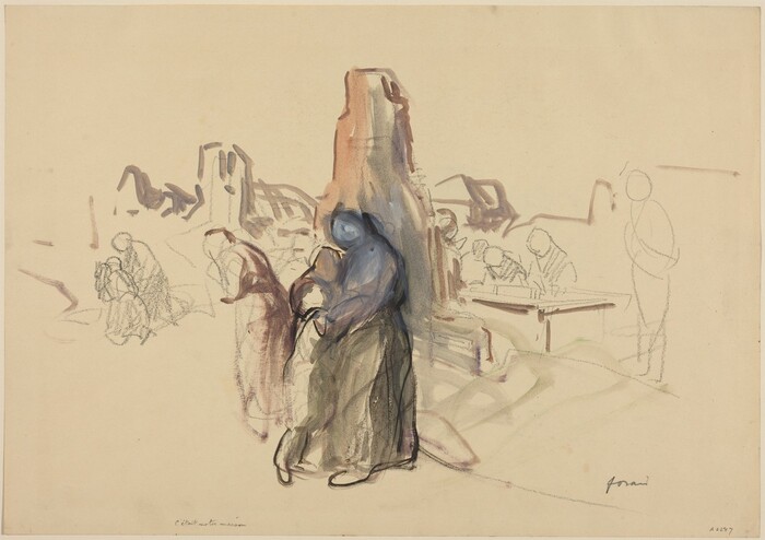 This is a drawing of an abstract scene with a central figure in a robe-like garment and loosely sketched background elements. The image is rendered with broad strokes and minimal details, hinting at architectural forms in the background. The central figure appears engaged in activity, suggested by their posture. The drawing uses a subdued color palette, implying movement and interaction within the composition.