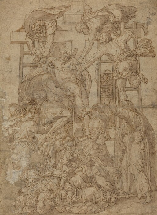 The image shows multiple figures within the composition. A man is being lowered from a large wooden cross, supported by surrounding figures. His upper body is reclined as two individuals reach down from ladders to assist in the process. The central figure has curly hair and a detailed beard. Various other individuals with distinct facial features and different hairstyles are also present, focused on assisting in lowering the central figure. All figures wear intricately detailed garments, hinting at a historical or biblical theme. There are no visible jewelry. The background consists of sketched lines and forms of a cross and ladders, framed by the texture of the paper and the lines of the sketch itself.