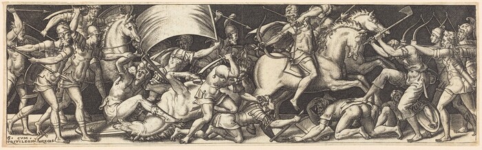 This is a drawing of a battle scene. Soldiers are depicted fighting with various weapons such as axes and spears. Some are on horseback, while others are on the ground. The composition is dense with tightly packed figures, emphasizing the intensity of the battle. Light and shadow are used to enhance the drama and motion of the scene.