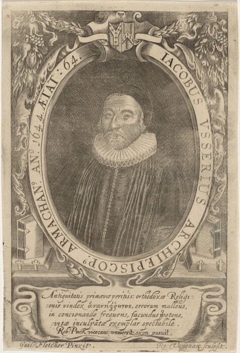 The image shows an engraved portrait of a man in a bust form within an oval frame. The man has a pointed beard, mustache, short hair under a cap, and wears a detailed ruff collar. He has a calm expression and wears a dark garment with vertical lines. The oval frame is ornate with floral motifs and a crest at the top. Text appears within the frame and beneath the image.