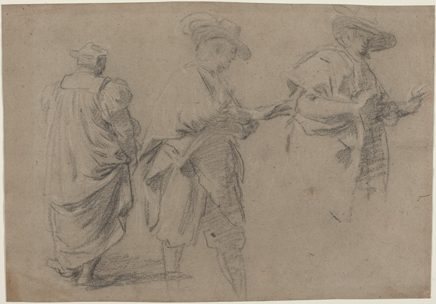 The image shows three people in various poses. On the left, a person is depicted from the back, dressed in a flowing garment with voluminous sleeves and wearing a cap on their head. The middle figure is in a profile view, facing right, standing bent, and wearing a hat with a wide brim and a long coat or cloak. The person on the right is also in a profile view, facing left, with one arm extended forwards. They wear a similar broad-brimmed hat and voluminous clothing, detailed with fabric folds and a belt. The background is plain, focusing on the figures and their clothing, capturing a moment of interaction or movement.