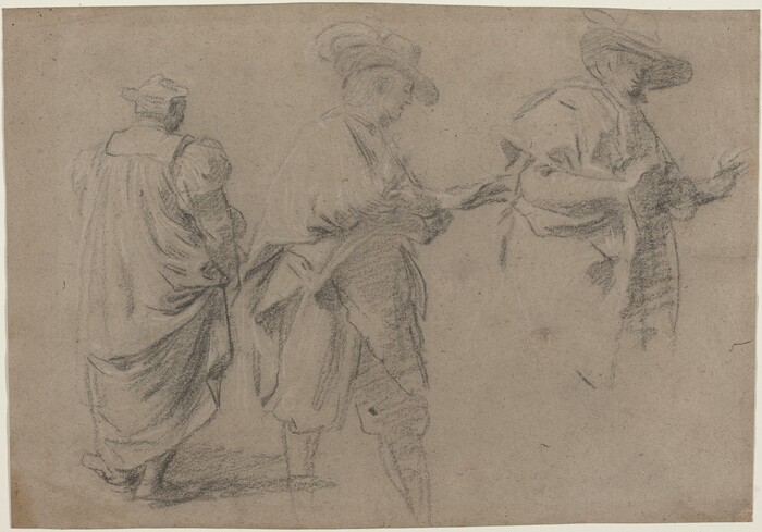 The image shows three people in various poses. On the left, a person is depicted from the back, dressed in a flowing garment with voluminous sleeves and wearing a cap on their head. The middle figure is in a profile view, facing right, standing bent, and wearing a hat with a wide brim and a long coat or cloak. The person on the right is also in a profile view, facing left, with one arm extended forwards. They wear a similar broad-brimmed hat and voluminous clothing, detailed with fabric folds and a belt. The background is plain, focusing on the figures and their clothing, capturing a moment of interaction or movement.