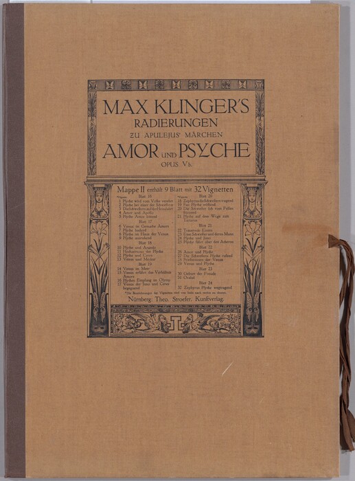This is an image of a vintage book cover. The cover is tan and features decorative typography detailing an artistic work by Max Klinger, titled "Radierungen zu Apulejus' Märchen AMOR und PSYCHE OPUS V.b". The design elements include a decorative border with intricate line work and artistic illustrations of floral motifs and abstract figures. The contents list different sections or illustrations in the book in German and a classical style. The binding has a dark strip along the side, and the cover is tied with a ribbon on the right edge, suggesting a classic portfolio or art binder. The publication details are included at the bottom, indicating it was published by Theo. Stroefer, Kuntsverlag in Nürnberg.