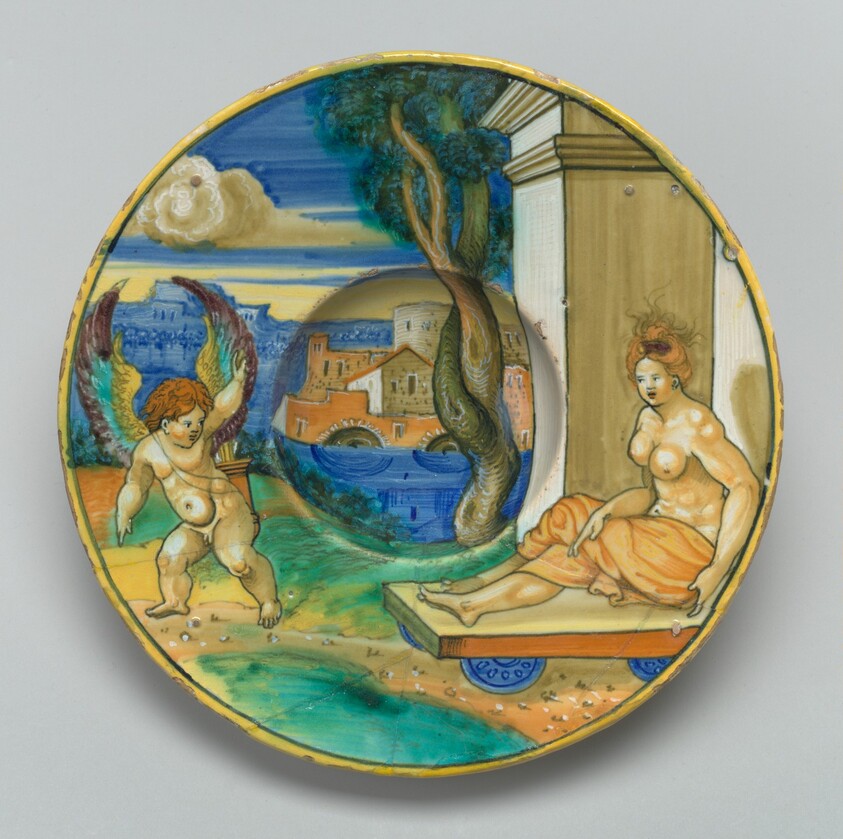 Plate with an allegorical scene of a woman and a putto