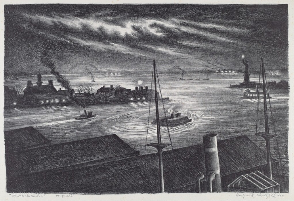 The image shows an aerial view of New York Harbor. A ship's silhouette, ships, tugboats, and their wakes are visible on the water. The sky has dark, sweeping clouds. The color palette consists of grayscale tones. The Statue of Liberty stands out illuminated in the distance. Landmasses and cityscapes behind the statue are depicted with lighter strokes to suggest lighting and architecture.