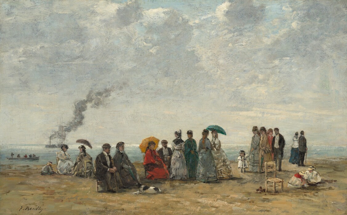 Twenty men, women, and children sit, stand, or stroll along a sandy beach beneath a bright, cloud-filled sky in this horizontal landscape painting. The people are small in scale within the landscape, taking up about a quarter of the canvas's height. The scene is loosely painted so many of the facial features are indistinct, but the faces we can see appear to have pale skin. Across a narrow band of sand, the women wear dresses with long sleeves, tight bodices, and ankle-length skirts in shades of baby blue, smoke gray, teal green, crimson red, gray, or tan. Three women hold parasols in shades of charcoal gray, golden yellow, or teal green. The men wear suits with long tails and rounded hats. About half the people sit in wooden chairs, and others gather in small groups. One child plays in the sand near a pair of women to the left, and another pair play on their own to the right near an empty chair. A fourth child holds the hand of a woman, and a white dog with brown spots runs across the sand closer to us. A rowboat with five people is in the water just off the beach, and a steamboat burps gray smoke to the left on the horizon, which comes less than a quarter of the way up the composition. The artist signed the painting in the lower left corner, “E. Boudin.”