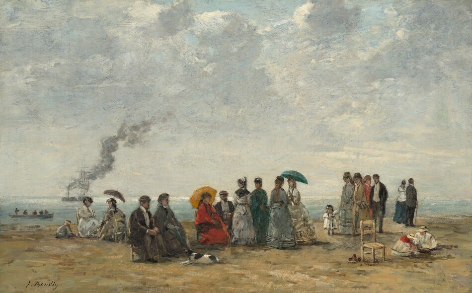 Twenty men, women, and children sit, stand, or stroll along a sandy beach beneath a bright, cloud-filled sky in this horizontal landscape painting. The people are small in scale within the landscape, taking up about a quarter of the canvas's height. The scene is loosely painted so many of the facial features are indistinct, but the faces we can see appear to have pale skin. Across a narrow band of sand, the women wear dresses with long sleeves, tight bodices, and ankle-length skirts in shades of baby blue, smoke gray, teal green, crimson red, gray, or tan. Three women hold parasols in shades of charcoal gray, golden yellow, or teal green. The men wear suits with long tails and rounded hats. About half the people sit in wooden chairs, and others gather in small groups. One child plays in the sand near a pair of women to the left, and another pair play on their own to the right near an empty chair. A fourth child holds the hand of a woman, and a white dog with brown spots runs across the sand closer to us. A rowboat with five people is in the water just off the beach, and a steamboat burps gray smoke to the left on the horizon, which comes less than a quarter of the way up the composition. The artist signed the painting in the lower left corner, “E. Boudin.”