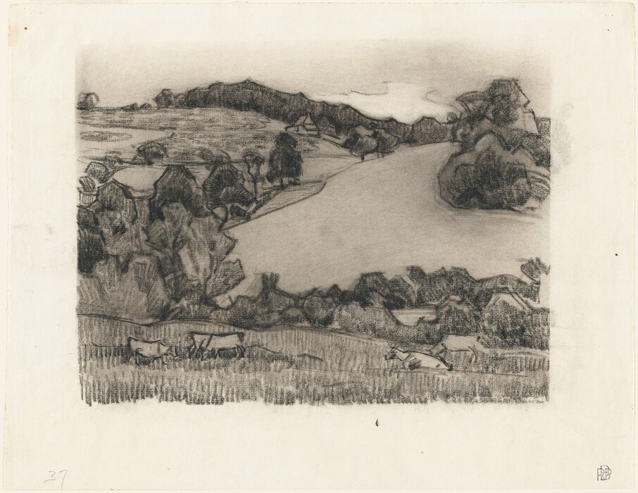 The image shows a landscape view from an elevated vantage point. The horizon features hills and a distant structure. In the foreground, there are cows grazing in sections of a field. The composition transitions into open fields and hills leading to the horizon. The artwork is rendered in monochrome, with varying intensities of black and gray, creating a serene scene.
