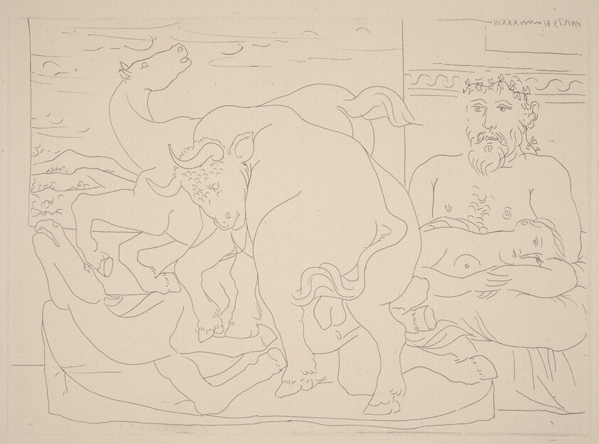 Sculptor and Model with a Sculpture Representing a Bull Attacking Horses (Sculpteur et son modèle avec un groupe sculpté représentant un taureau attaquant des chevaux)