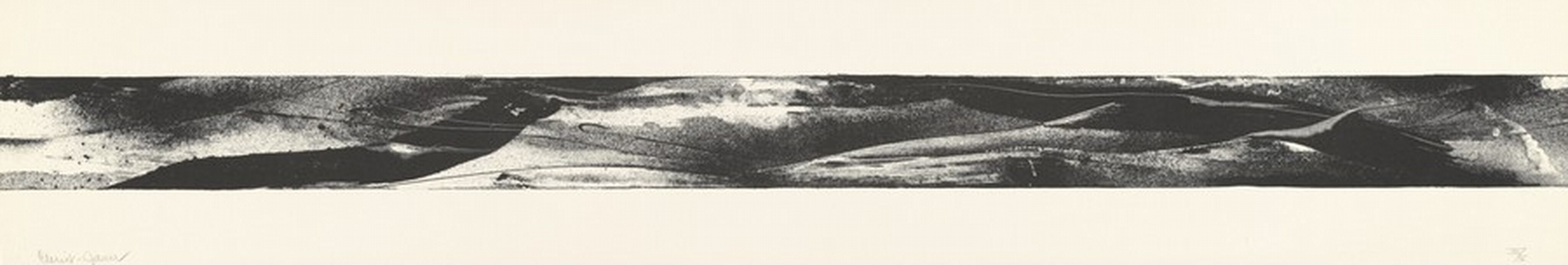 The image is a panoramic view in a narrow, horizontal format. The horizon line is not distinctly defined. The style includes a mix of smooth and textured techniques. The color palette is monochromatic, with black, white, and shades of gray. The scene appears abstract, with light and shadow playing across undulating forms. There are no distinct forms or objects visible.
