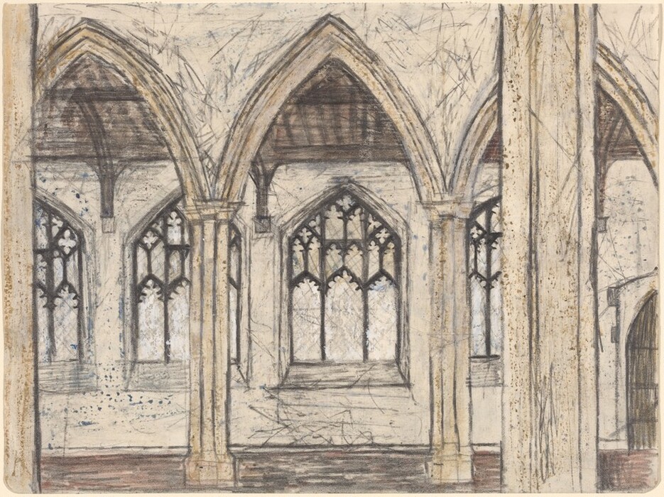 This is a drawing of a Gothic-style architectural interior featuring pointed arches supported by columns, tall narrow windows with tracery, and stone walls. The lines are irregular and sketch-like, with details focused on the arches and windows against a textured background. The color palette is limited and muted.