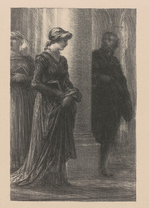 The image shows two people in full-body view, with a third person partially visible in the background. One person is a woman standing in profile, facing to the right. Her head is slightly bowed, and her hair is styled in a bun under a headscarf or cap. She wears a long dress with long sleeves, holding a piece of fabric or a shawl. The second figure, possibly a woman, stands behind her in profile, wearing a similar dress and possibly a bonnet. To the right, there is a shadowy figure dressed in dark clothing in motion. The background features vertical striped patterns resembling columns or pillars.
