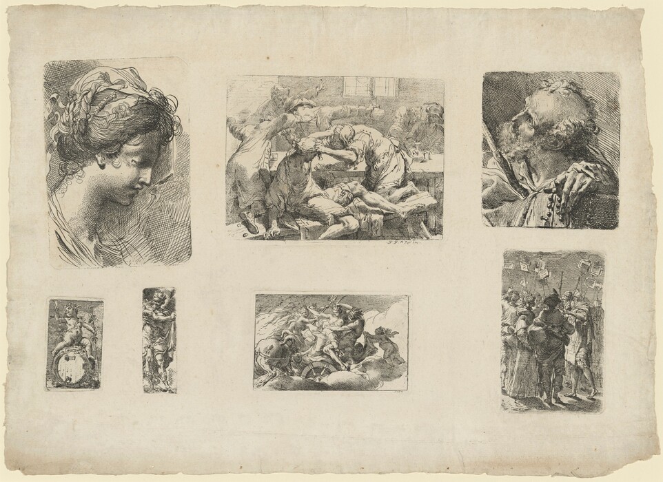 This is a drawing featuring detailed black and white sketches on a single sheet. The sheet displays various scenes and portraits. In the top left corner, there is a profile drawing of a woman's head with various hairstyles. Next to it, there is a chaotic scene of figures in a tussle. Adjacent is a sketch of an elderly man. Below the woman's portrait, there is an illustration of a cherubic figure standing on a globe. Alongside it, there is a sketch of a robed figure holding a tablet. Below the tussle, there is a scene of figures clashing in battle. Finally, in the bottom right, there is a sketch of figures in discussion. The sketches reflect a 17th-century Baroque style.