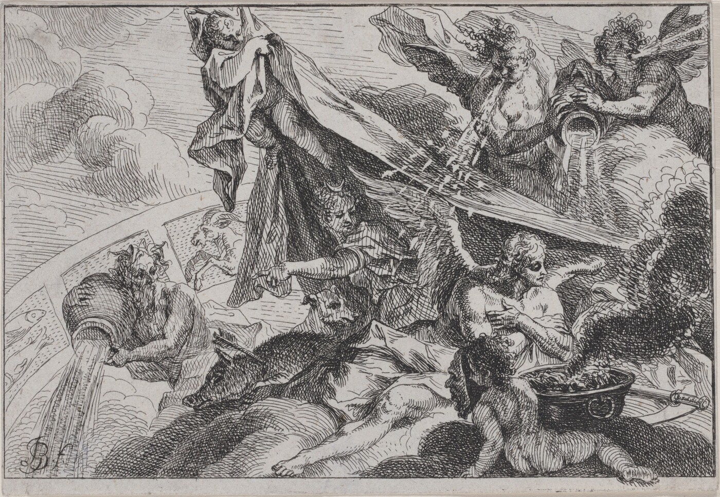 This is a drawing of mythological or fantastical figures and scenes. The imagery presents a group of figures and fantastical beings pouring out liquids from jars. These figures are perched upon clouds or elevated platforms amidst a dynamic landscape. The lines are intricately detailed, showcasing patterns etched to give texture to fabrics and natural elements like clouds. The drawing depicts symbols of the zodiac, highlighted by icons such as an aquatic figure likely representing Aquarius. The composition is energetic, with swirling motions and expressive postures emphasized by flowing garments and interactions among the figures.