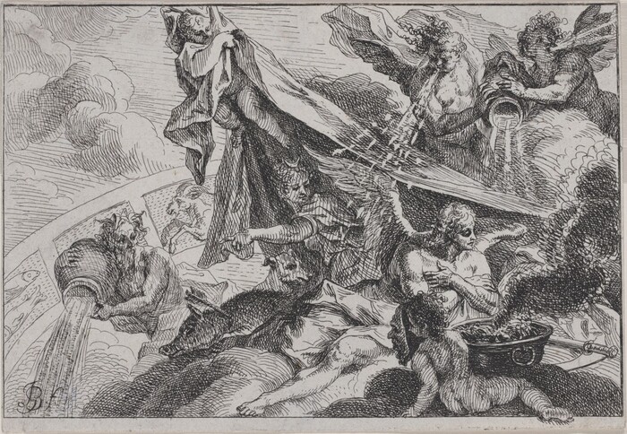 This is a drawing of mythological or fantastical figures and scenes. The imagery presents a group of figures and fantastical beings pouring out liquids from jars. These figures are perched upon clouds or elevated platforms amidst a dynamic landscape. The lines are intricately detailed, showcasing patterns etched to give texture to fabrics and natural elements like clouds. The drawing depicts symbols of the zodiac, highlighted by icons such as an aquatic figure likely representing Aquarius. The composition is energetic, with swirling motions and expressive postures emphasized by flowing garments and interactions among the figures.